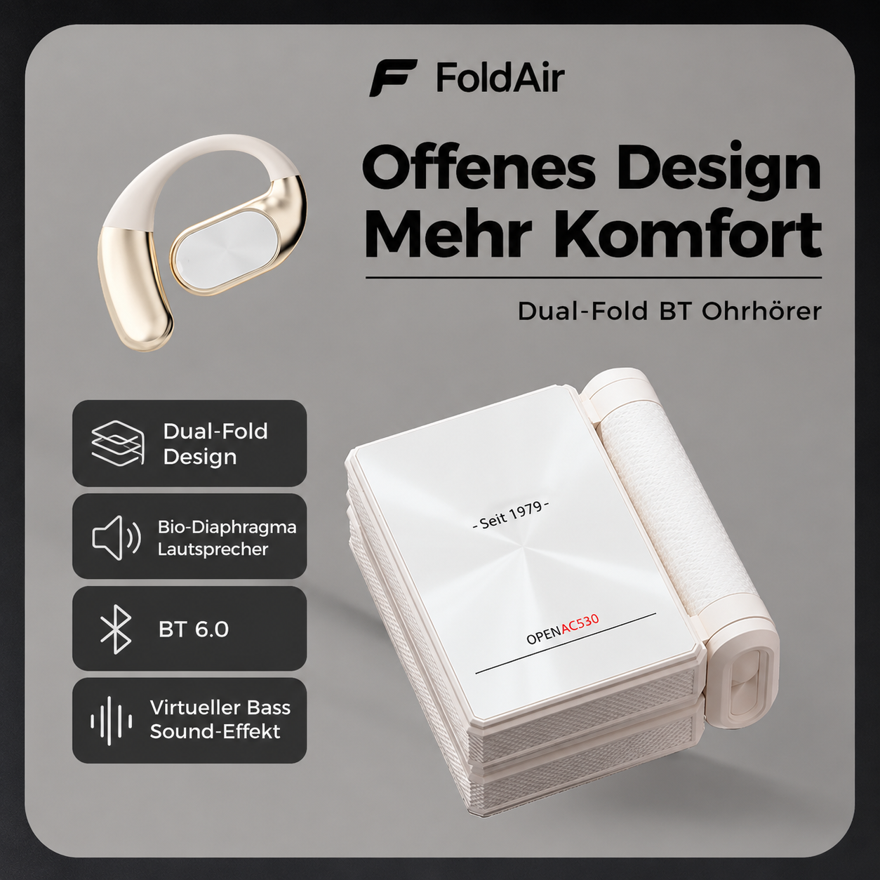 FoldAir Open-Ear-Kopfhörer, Dual-Fold-Design mit Bügel