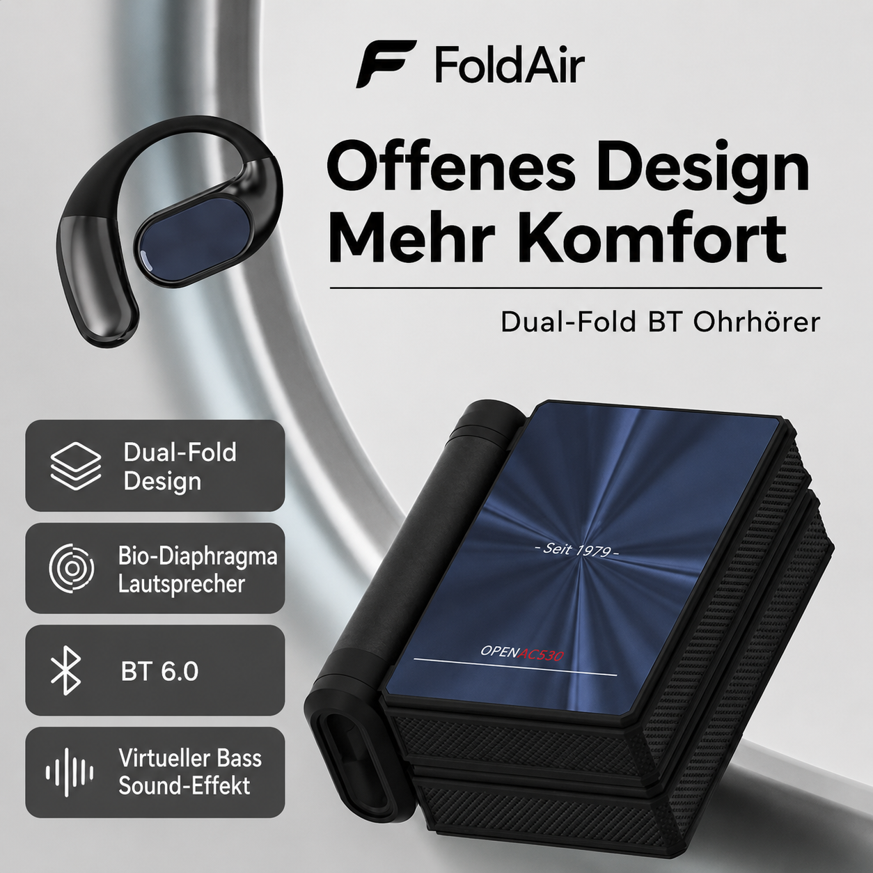 FoldAir Open-Ear: Lautsprecher 14.2mm, IPX5, Bluetooth 6.0, ergonomischer Bügel